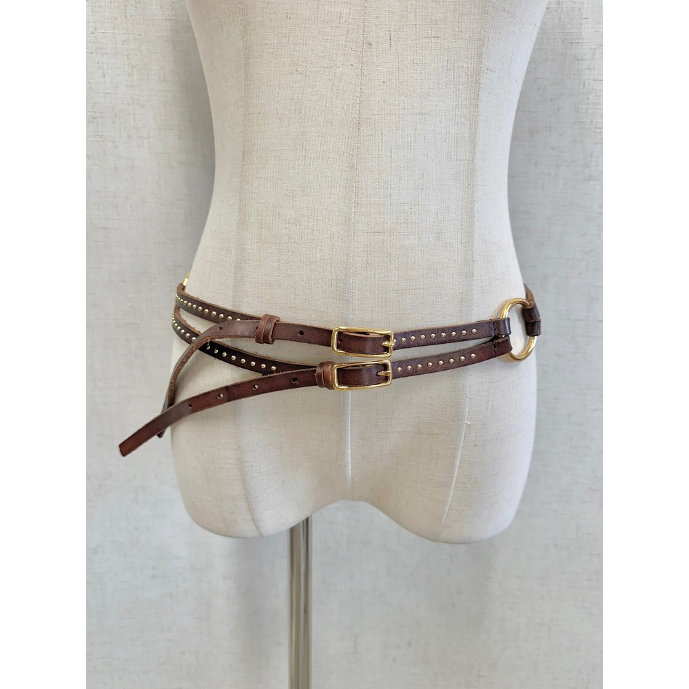 1937 Accessories Genuine Leather Studded Brown Double Wrap Belt Womens ML Boho